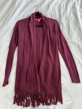Lilly Pulitzer Burgundy Open-Front Fringe Cardigan